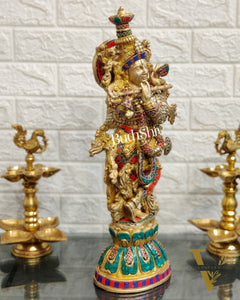 Pure Brass Handcrafted Krishna Statue with Stonework | Height 21 inches