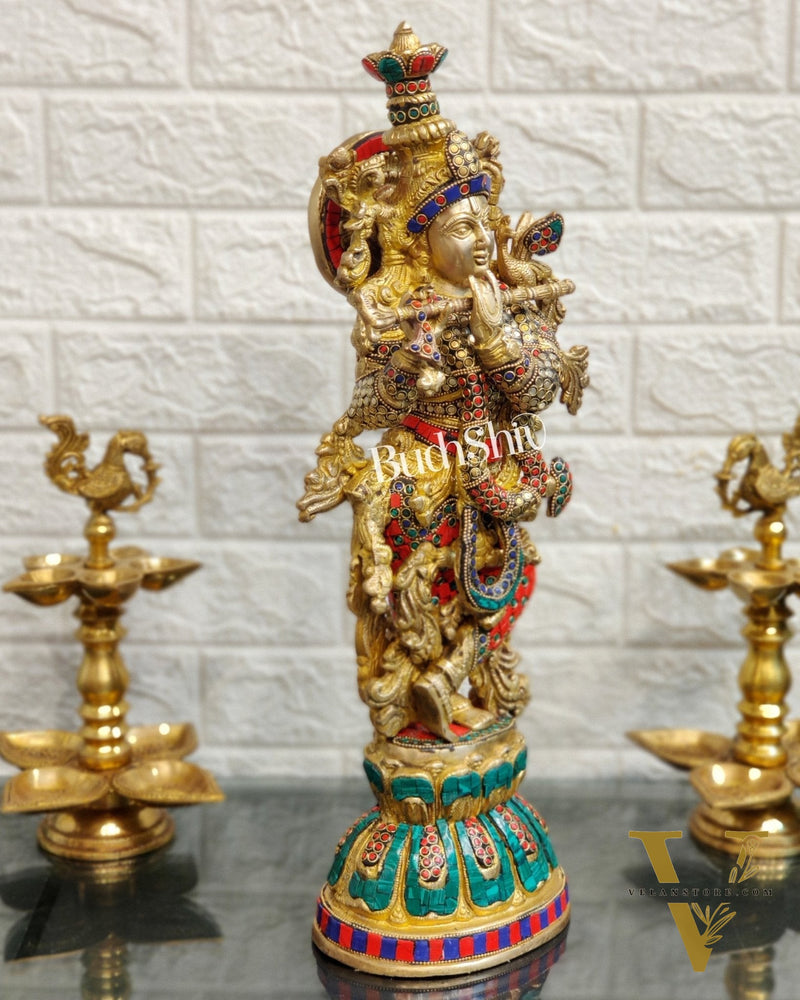 Pure Brass Handcrafted Krishna Statue with Stonework | Height 21 inches