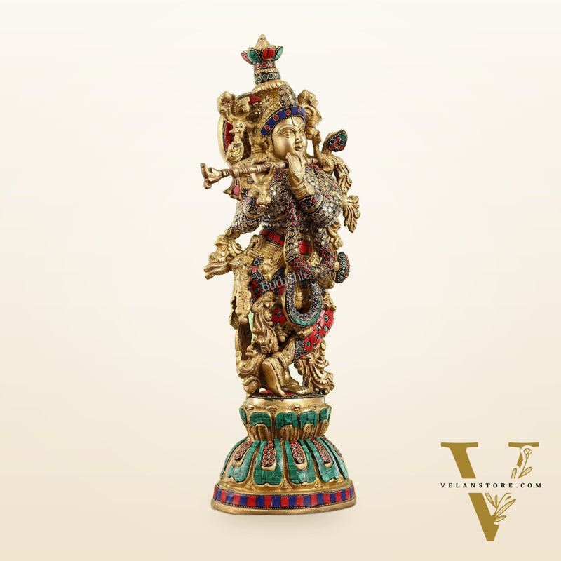 Pure Brass Handcrafted Krishna Statue with Stonework | Height 21 inch