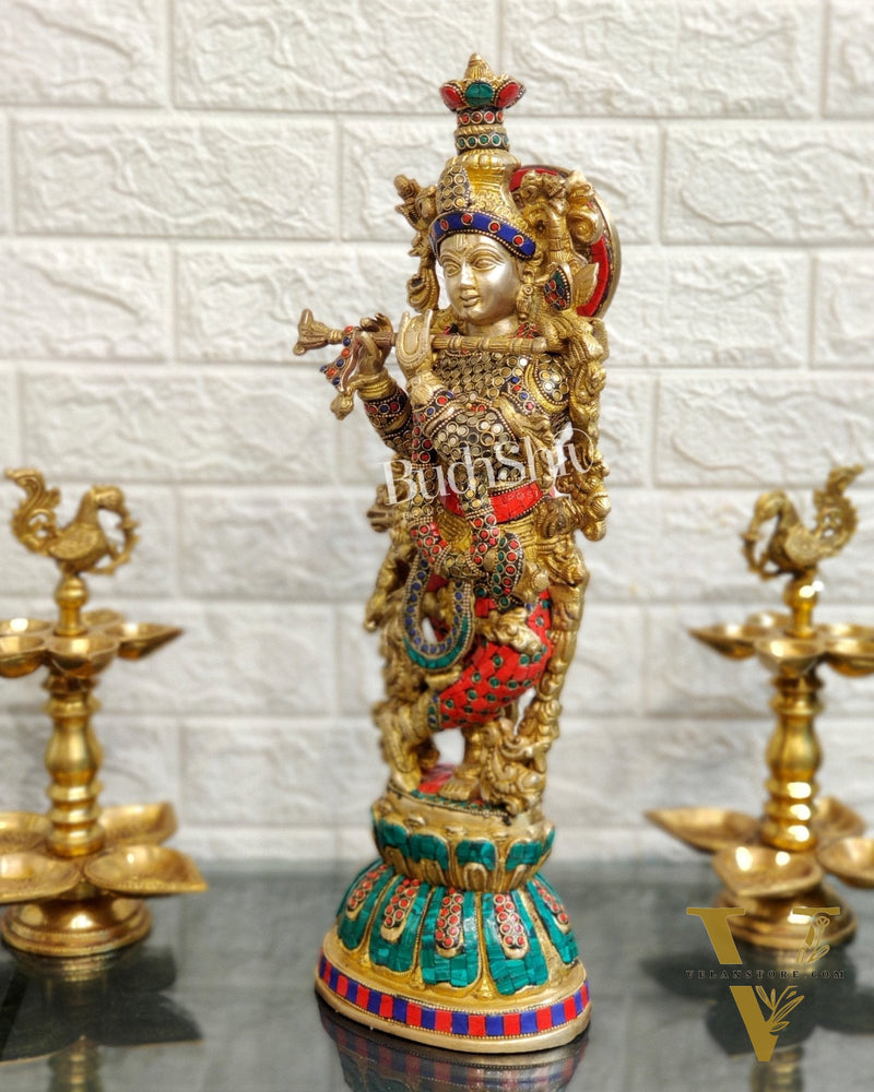 Pure Brass Handcrafted Krishna Statue with Stonework | Height 21 inches