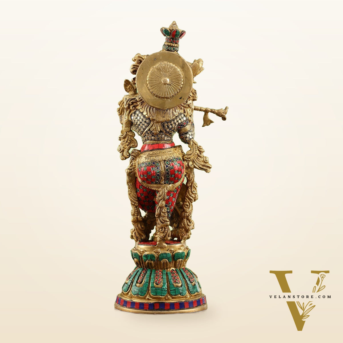 Pure Brass Handcrafted Krishna Statue with Stonework | Height 21 inch