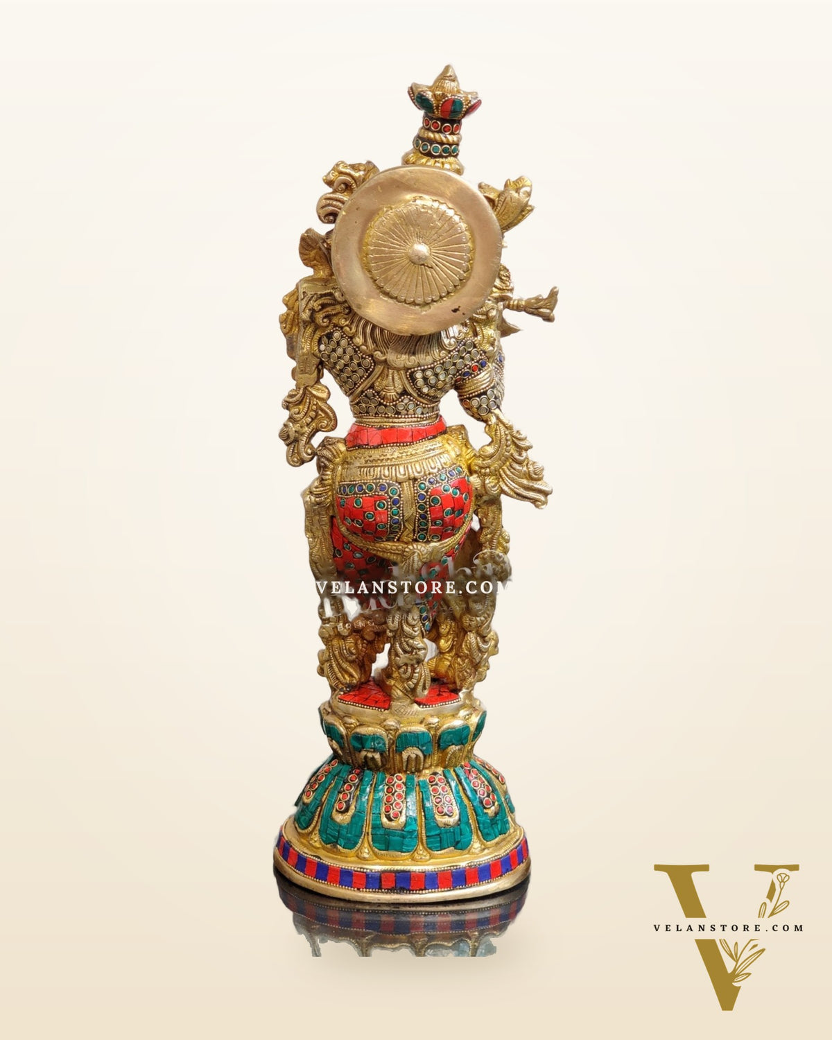 Pure Brass Handcrafted Krishna Statue with Stonework | Height 21 inches