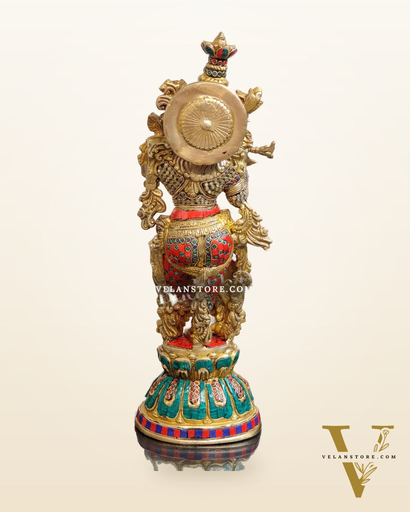 Pure Brass Handcrafted Krishna Statue with Stonework | Height 21 inches