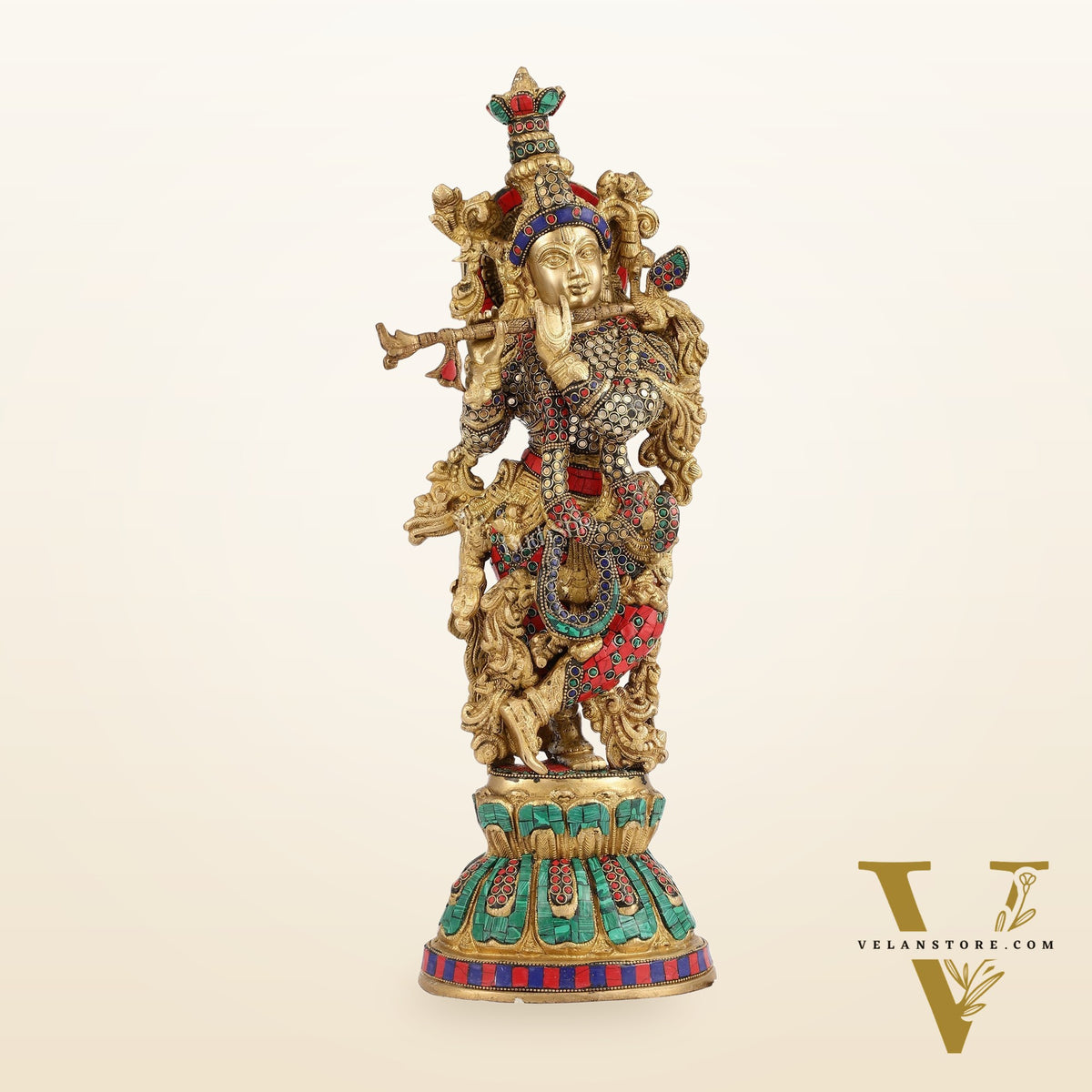 Pure Brass Handcrafted Krishna Statue with Stonework | Height 21 inch