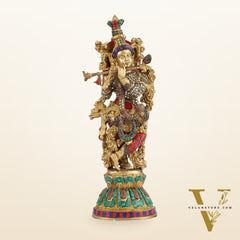 Pure Brass Handcrafted Krishna Statue with Stonework | Height 21 inch
