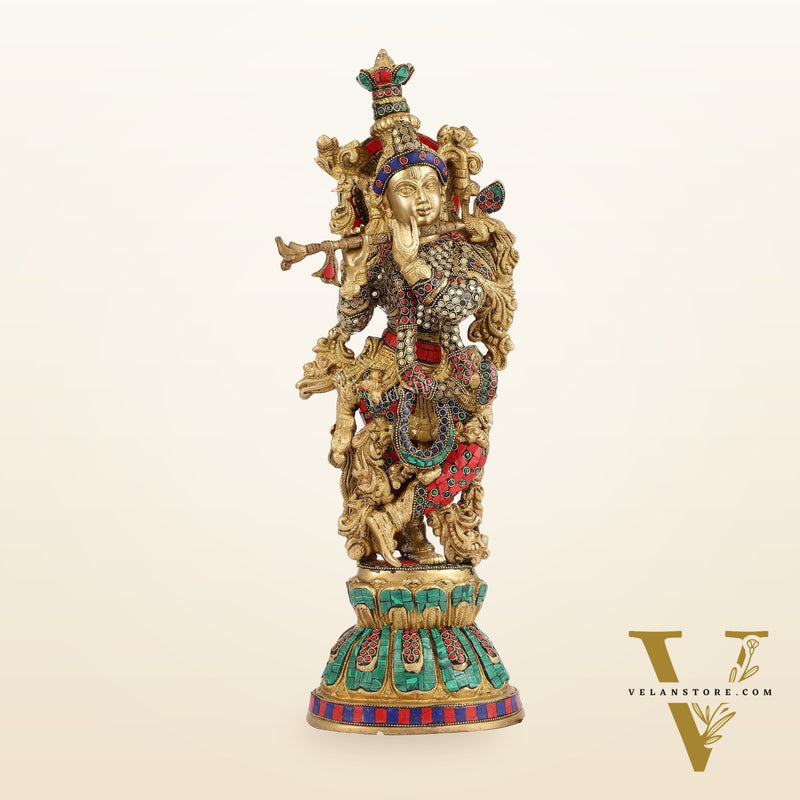 Pure Brass Handcrafted Krishna Statue with Stonework | Height 21 inch