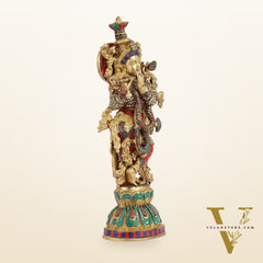 Pure Brass Handcrafted Krishna Statue with Stonework | Height 21 inch