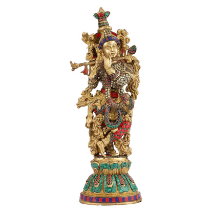 Pure Brass Handcrafted Krishna Statue with Stonework | Height 21 inch