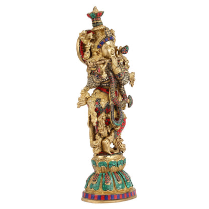 Pure Brass Handcrafted Krishna Statue with Stonework | Height 21 inch