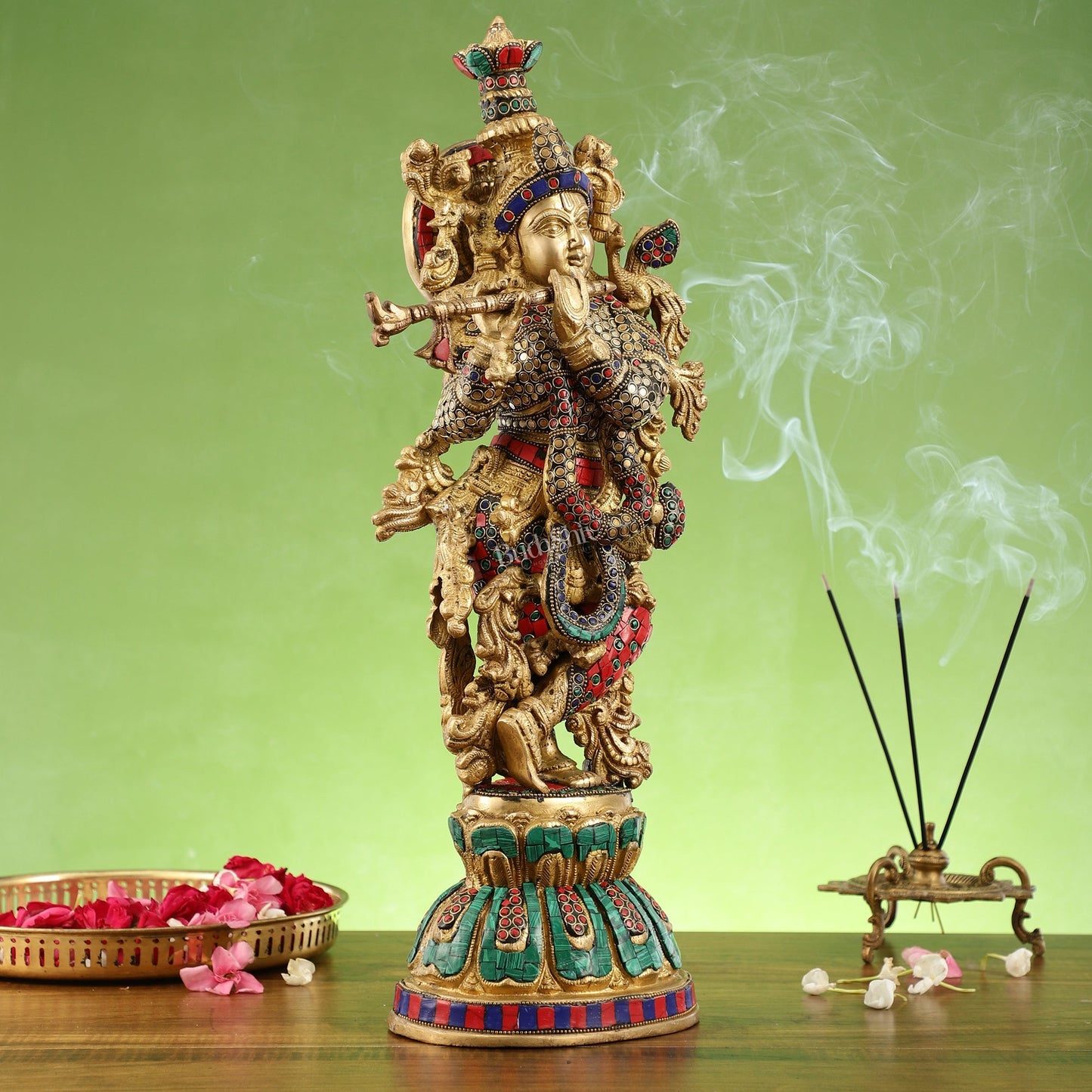 Pure Brass Handcrafted Krishna Statue with Stonework | Height 21 inch