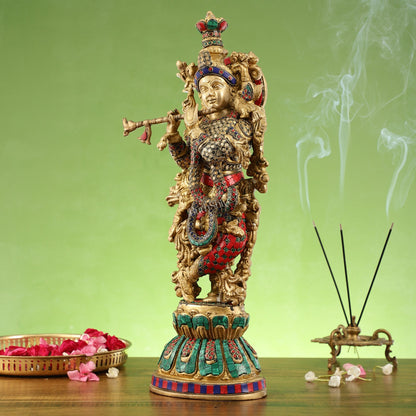 Pure Brass Handcrafted Krishna Statue with Stonework | Height 21 inch