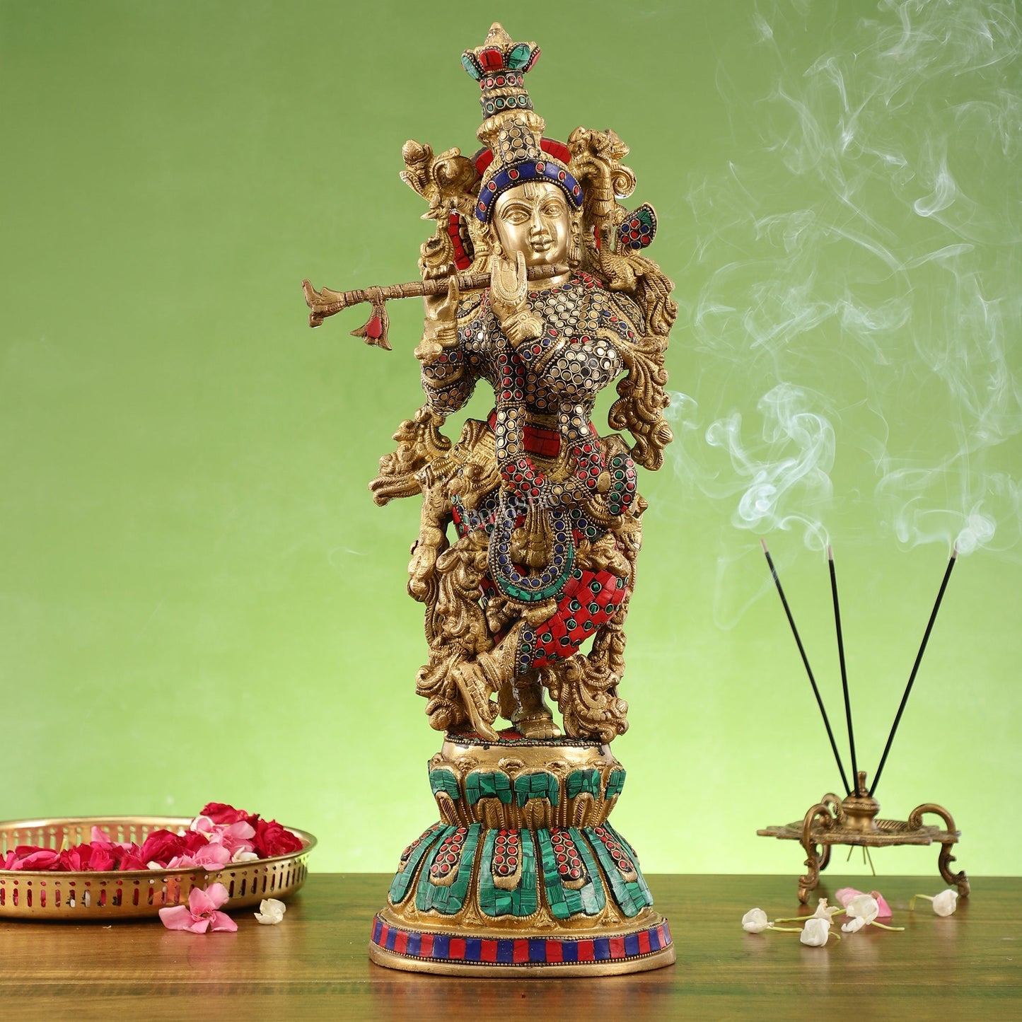 Pure Brass Handcrafted Krishna Statue with Stonework | Height 21 inch