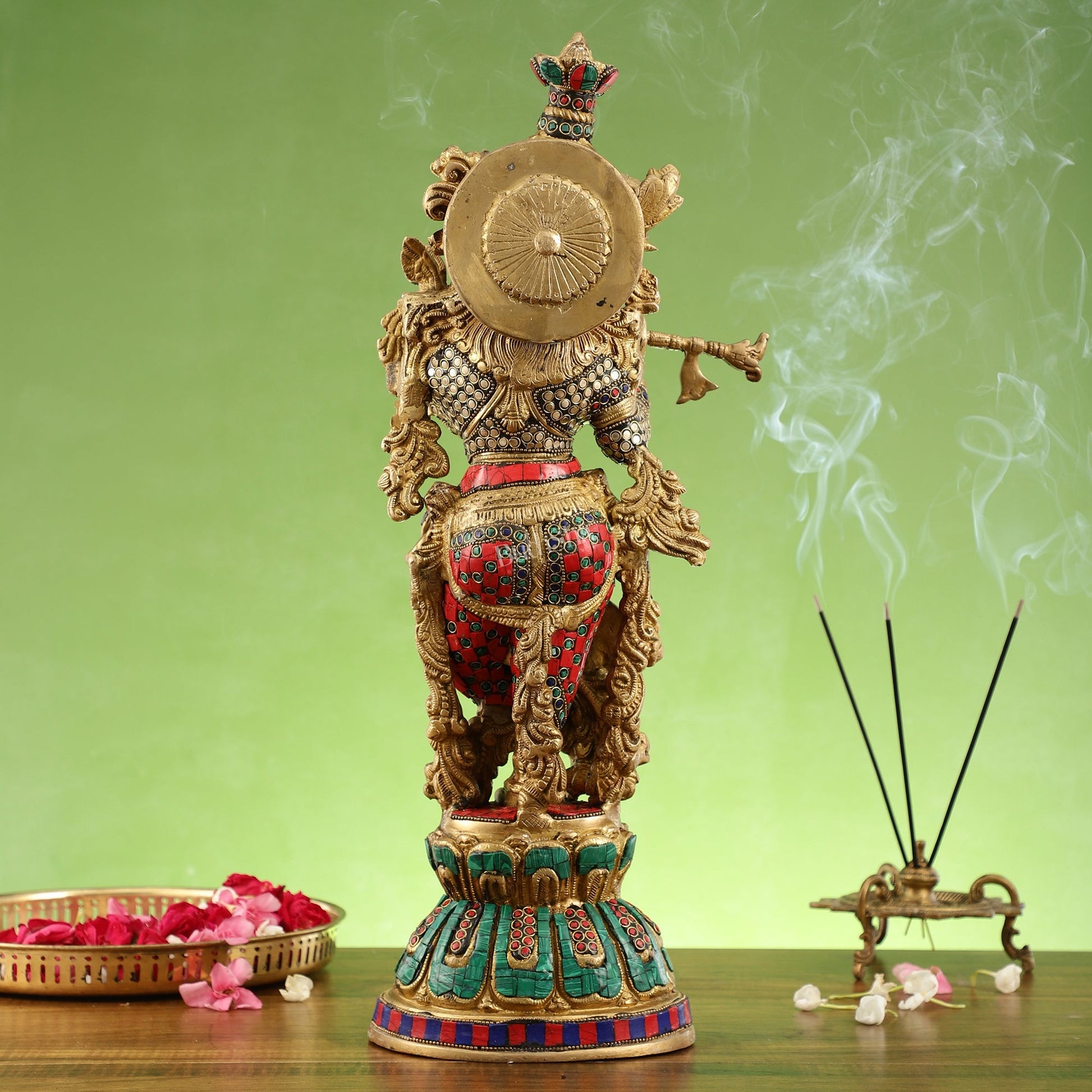 Pure Brass Handcrafted Krishna Statue with Stonework | Height 21 inch