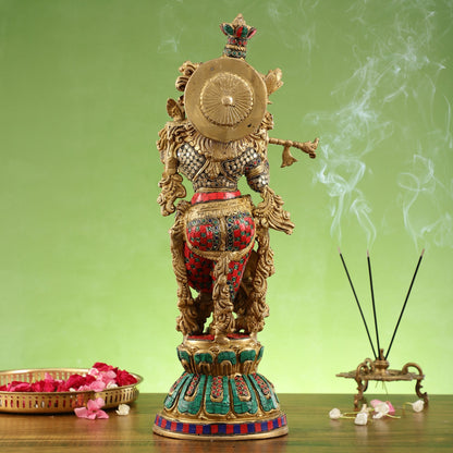 Pure Brass Handcrafted Krishna Statue with Stonework | Height 21 inch