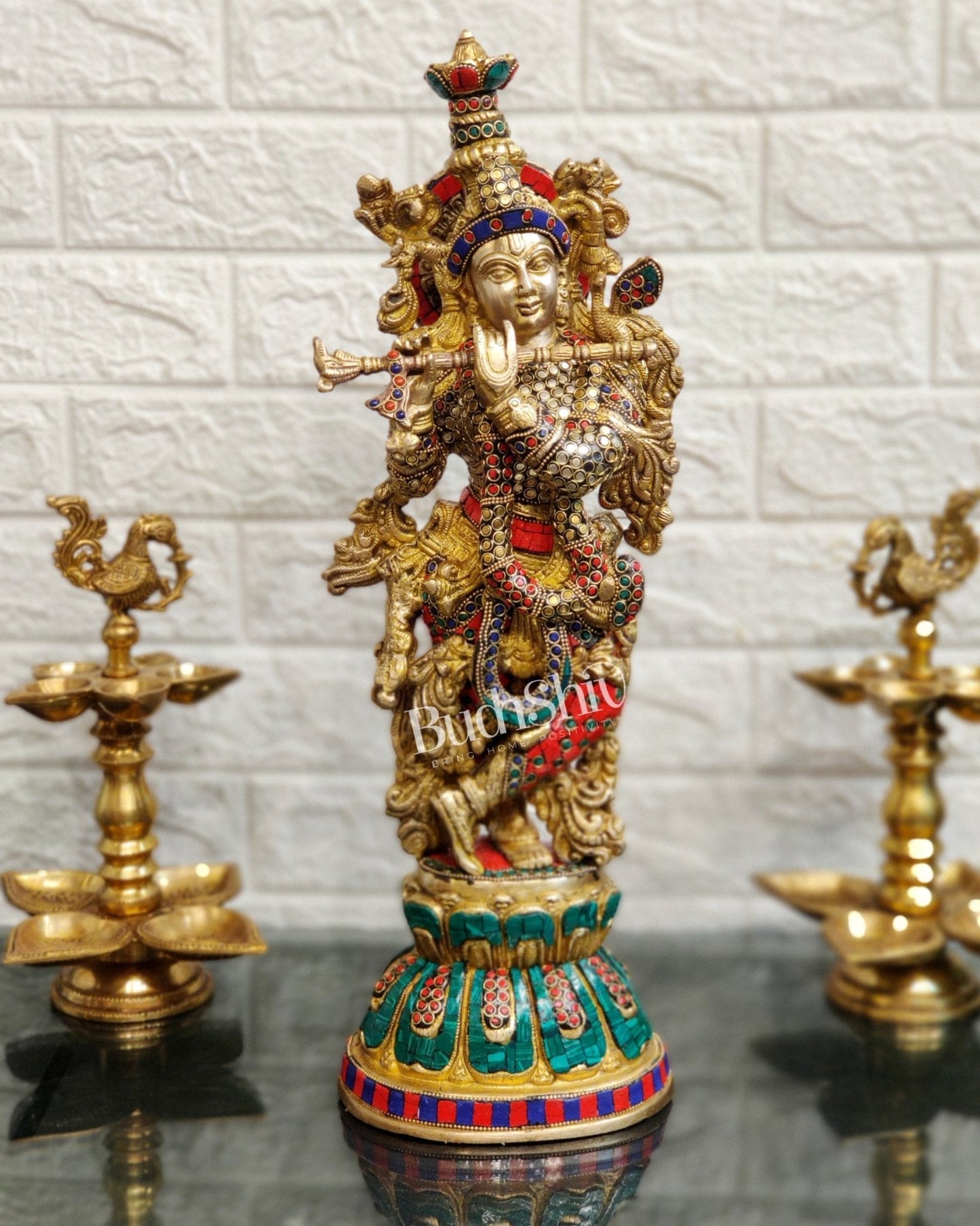 Pure Brass Handcrafted Krishna Statue with Stonework | Height 21 inches
