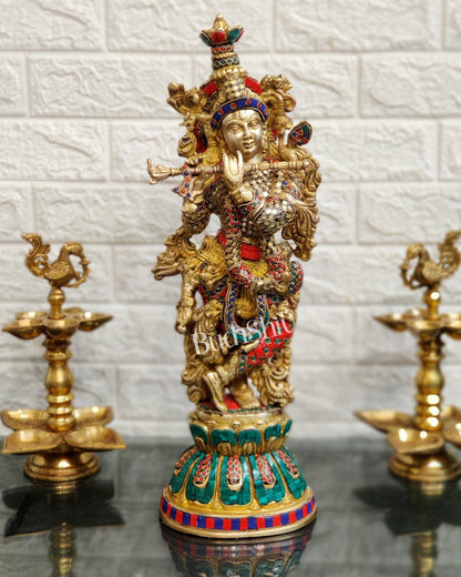 Pure Brass Handcrafted Krishna Statue with Stonework | Height 21 inches