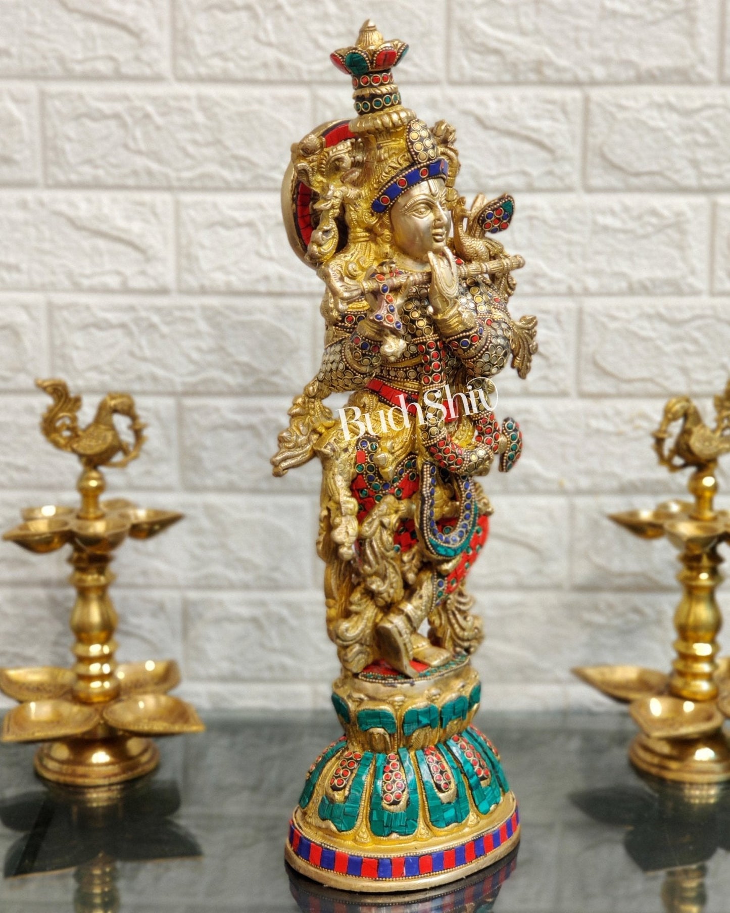 Pure Brass Handcrafted Krishna Statue with Stonework | Height 21 inches