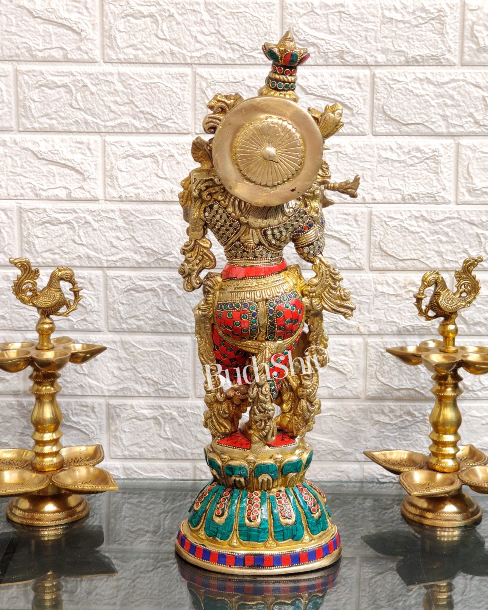 Pure Brass Handcrafted Krishna Statue with Stonework | Height 21 inches