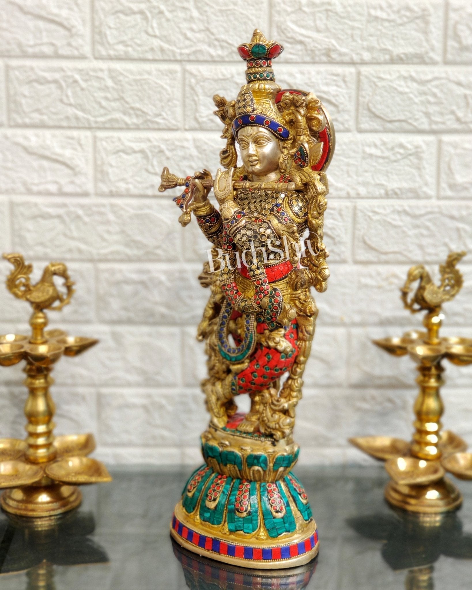 Pure Brass Handcrafted Krishna Statue with Stonework | Height 21 inches