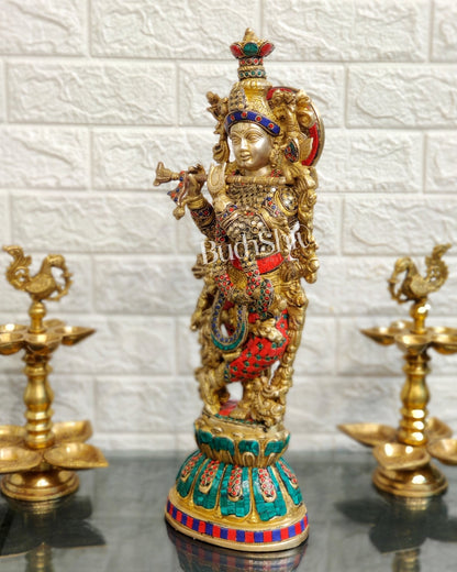 Pure Brass Handcrafted Krishna Statue with Stonework | Height 21 inches