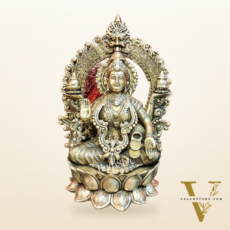Pure Brass Handcrafted Lakshmi Idol on Lotus Base with Prabhavali Frame | 15.5"