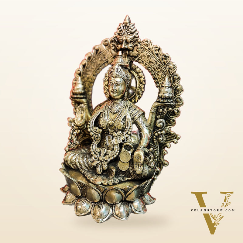 Pure Brass Handcrafted Lakshmi Idol on Lotus Base with Prabhavali Frame | 15.5"