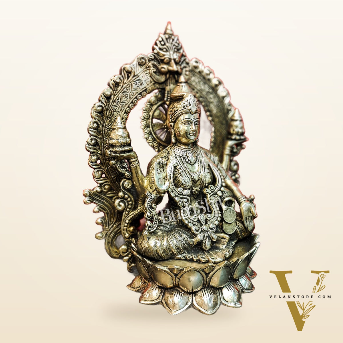 Pure Brass Handcrafted Lakshmi Idol on Lotus Base with Prabhavali Frame | 15.5"