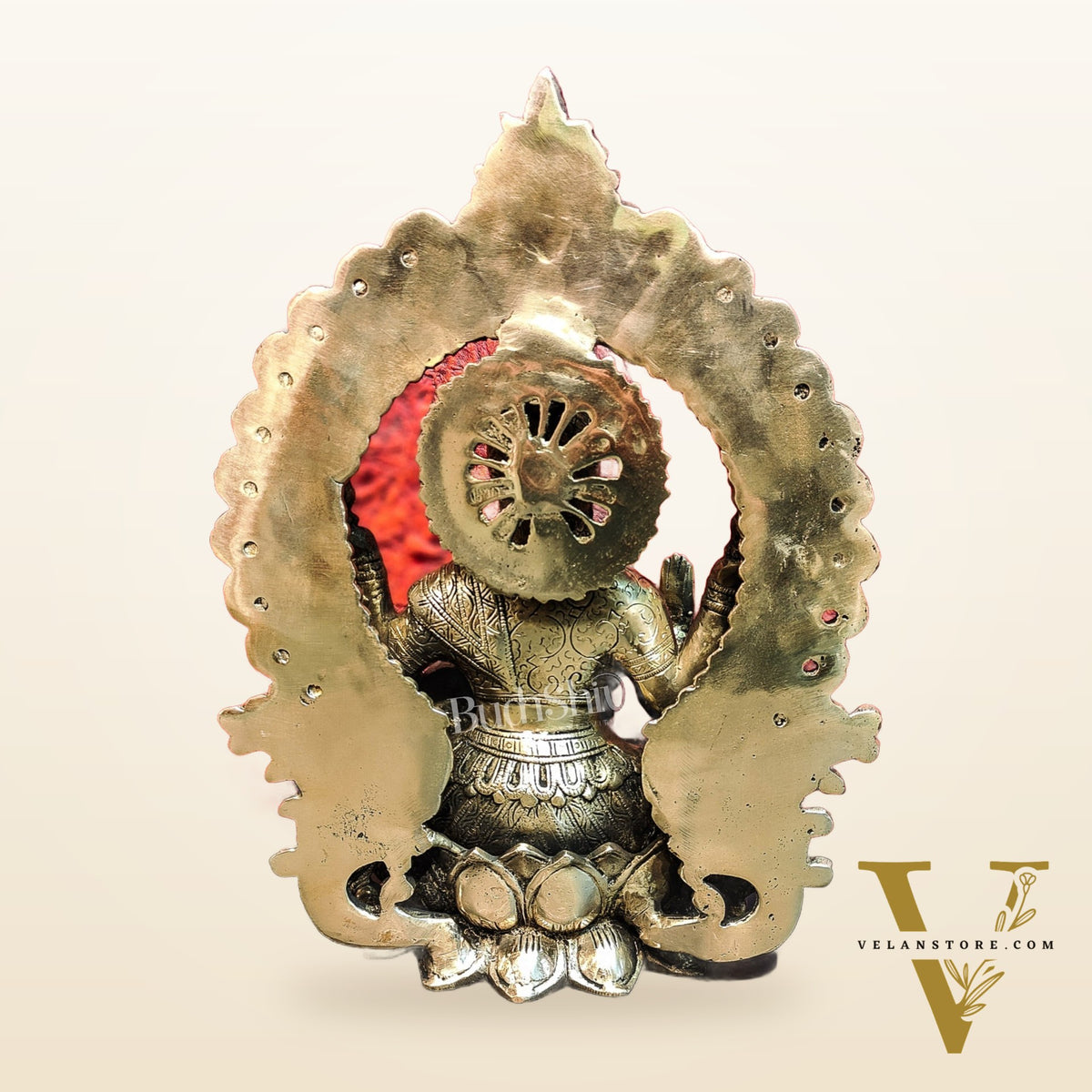 Pure Brass Handcrafted Lakshmi Idol on Lotus Base with Prabhavali Frame | 15.5"