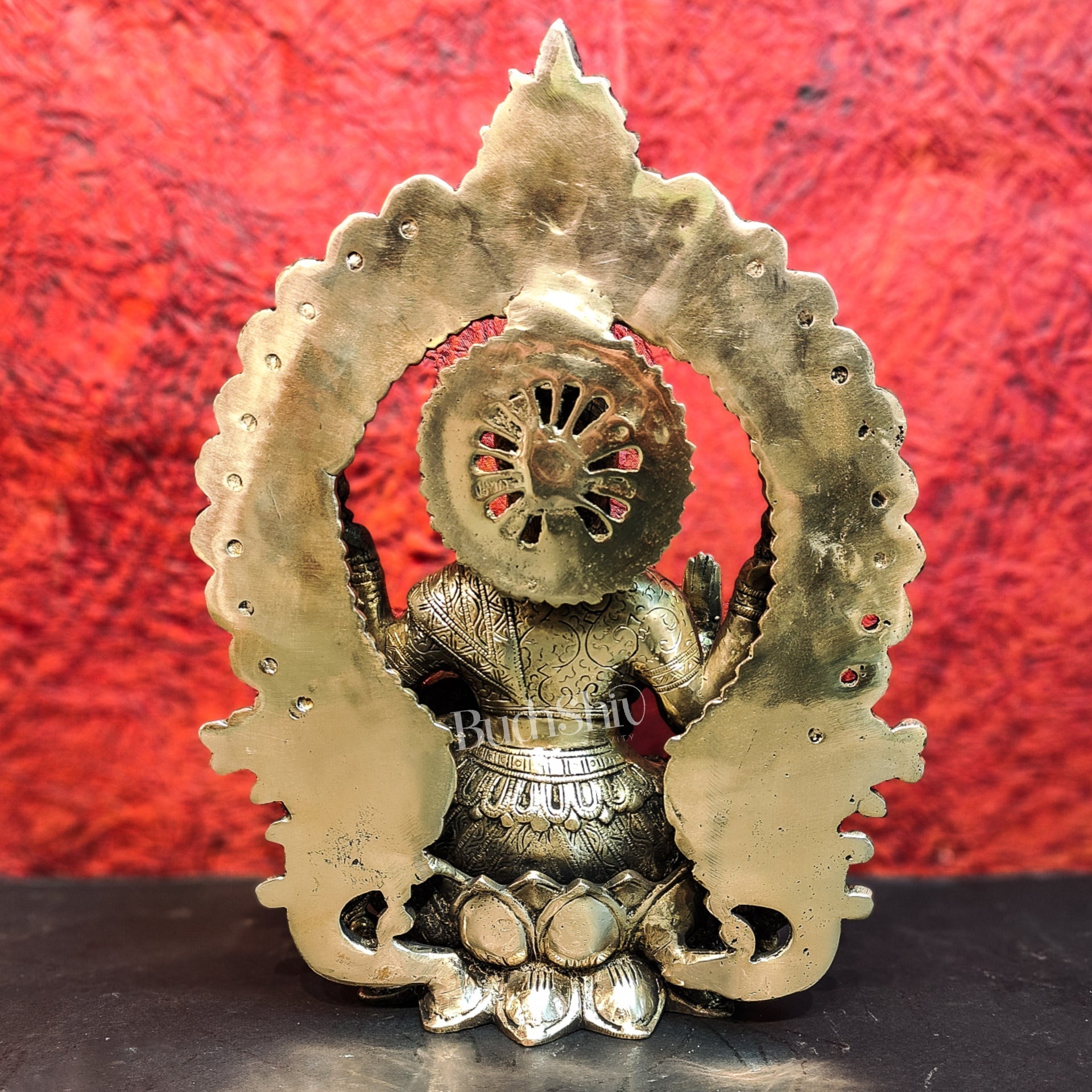 Pure Brass Handcrafted Lakshmi Idol on Lotus Base with Prabhavali Frame | 15.5"