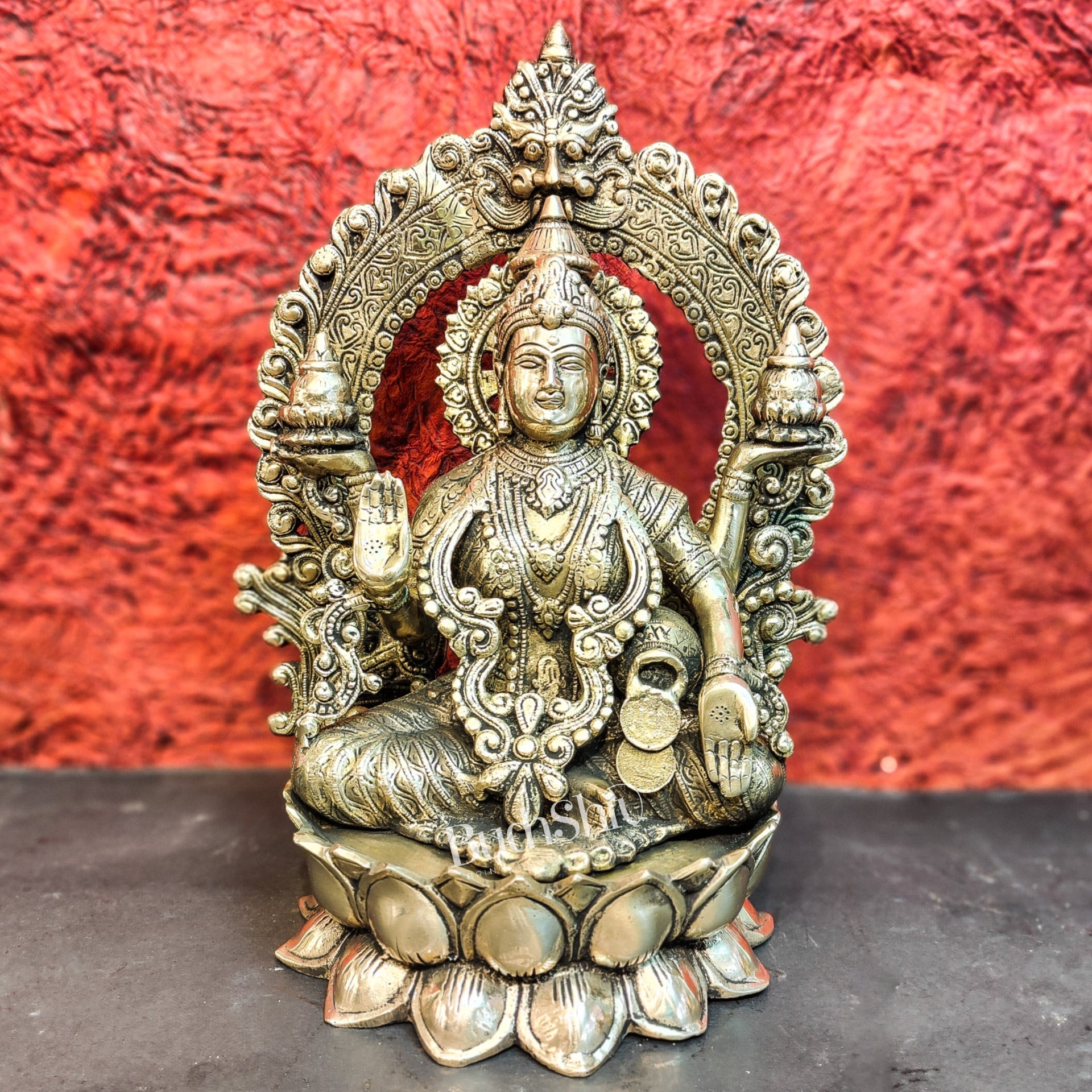 Pure Brass Handcrafted Lakshmi Idol on Lotus Base with Prabhavali Frame | 15.5"