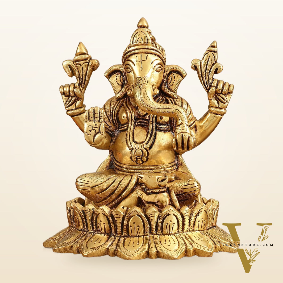Pure Brass Handcrafted Lord Ganesha on Lotus Idol - 6 in Height