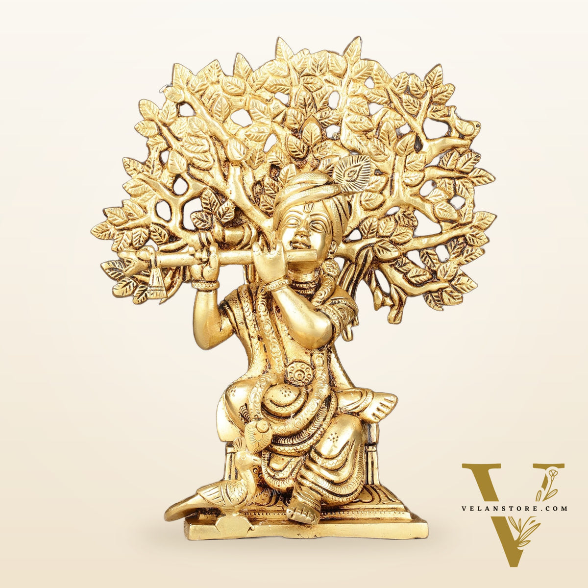 Pure Brass Handcrafted Lord Krishna Sitting with Kalpavriksha Tree Idol | 8"