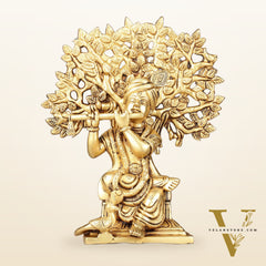 Pure Brass Handcrafted Lord Krishna Sitting with Kalpavriksha Tree Idol | 8"