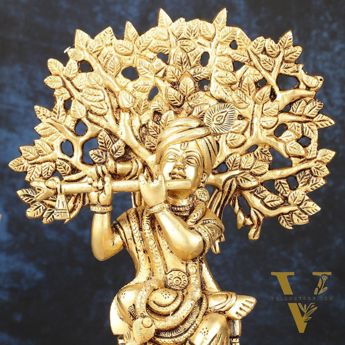 Pure Brass Handcrafted Lord Krishna Sitting with Kalpavriksha Tree Idol | 8"