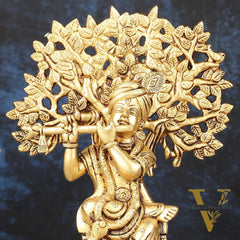 Pure Brass Handcrafted Lord Krishna Sitting with Kalpavriksha Tree Idol | 8"