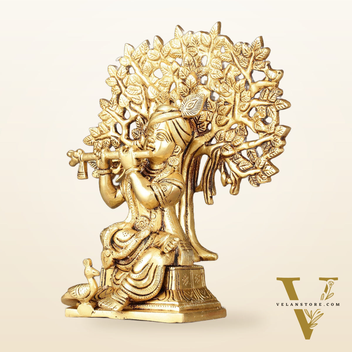 Pure Brass Handcrafted Lord Krishna Sitting with Kalpavriksha Tree Idol | 8"