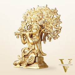 Pure Brass Handcrafted Lord Krishna Sitting with Kalpavriksha Tree Idol | 8"