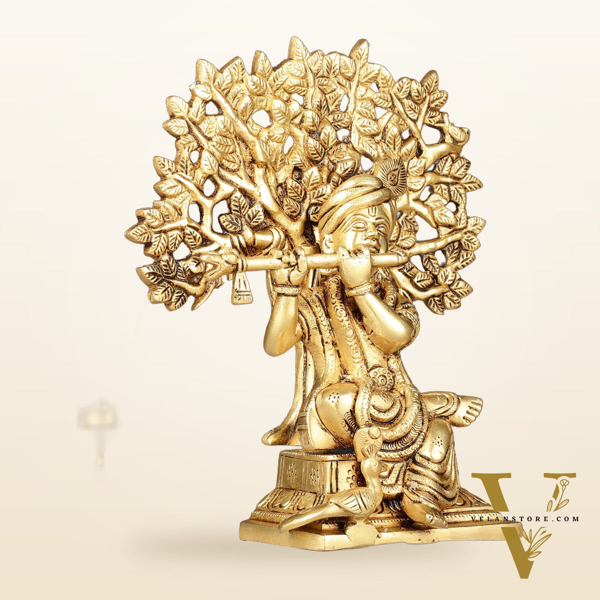 Pure Brass Handcrafted Lord Krishna Sitting with Kalpavriksha Tree Idol | 8"