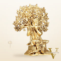 Pure Brass Handcrafted Lord Krishna Sitting with Kalpavriksha Tree Idol | 8"