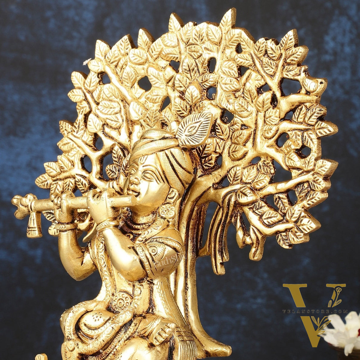 Pure Brass Handcrafted Lord Krishna Sitting with Kalpavriksha Tree Idol | 8"