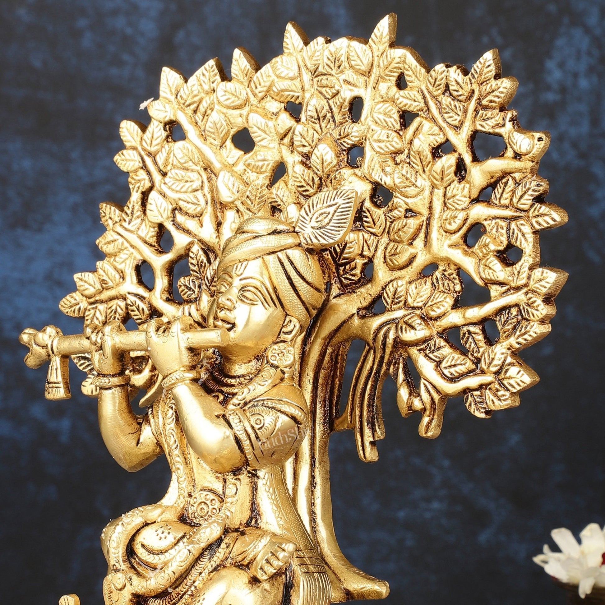 Pure Brass Handcrafted Lord Krishna Sitting with Kalpavriksha Tree Idol | 8"