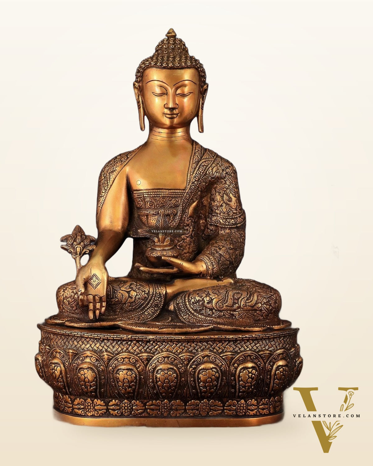 Pure Brass Handcrafted Medicine Buddha Statue with Dragon Carvings 22"