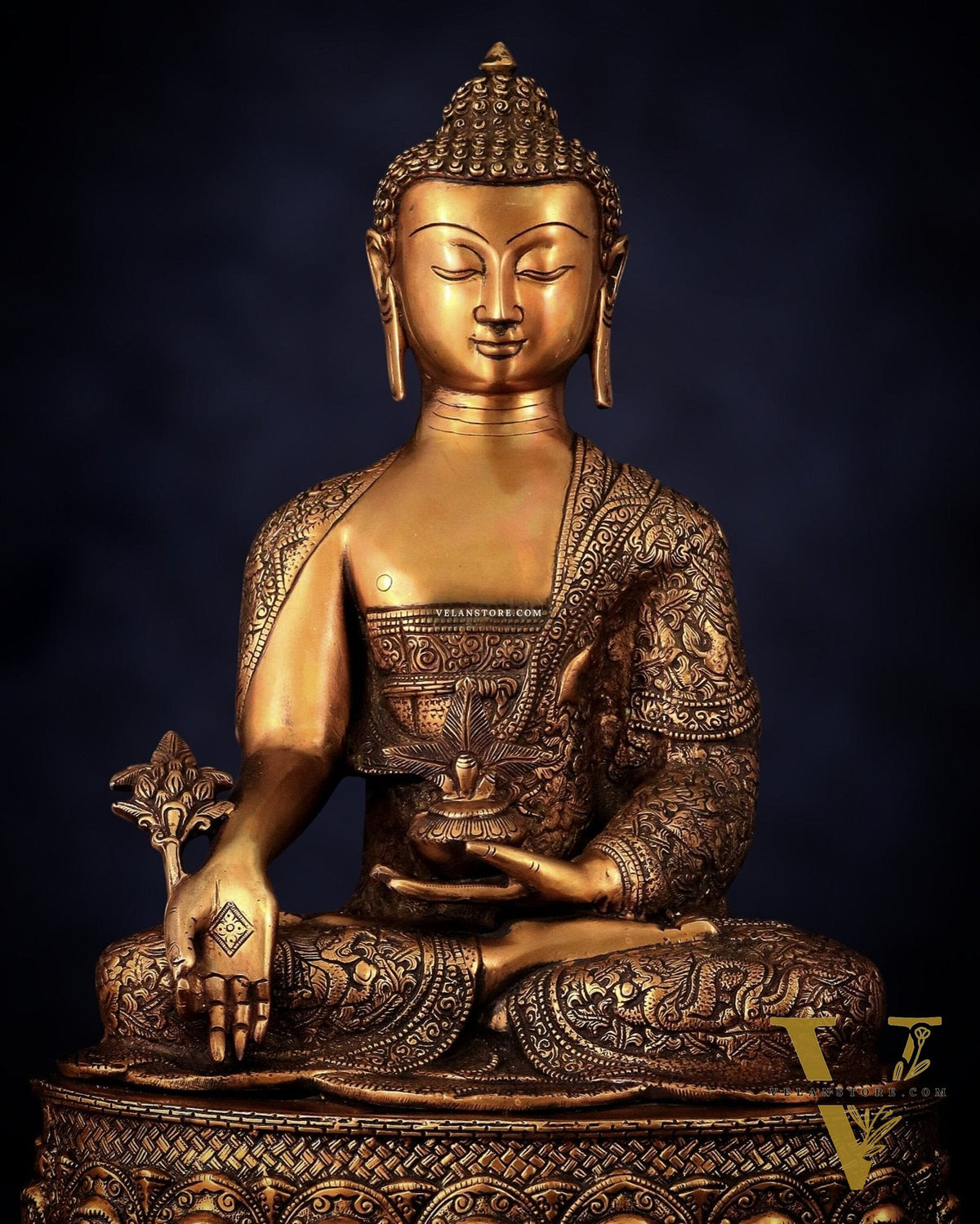 Pure Brass Handcrafted Medicine Buddha Statue with Dragon Carvings 22"