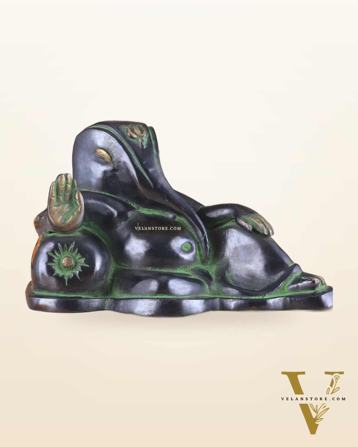 Pure Brass Handcrafted Modern Ganesha Statue in Resting Posture Vintage Black and Green Tone 11 inch