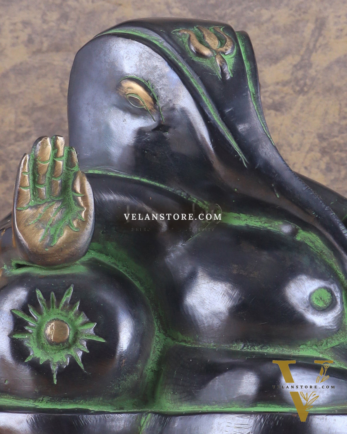Pure Brass Handcrafted Modern Ganesha Statue in Resting Posture Vintage Black and Green Tone 11 inch