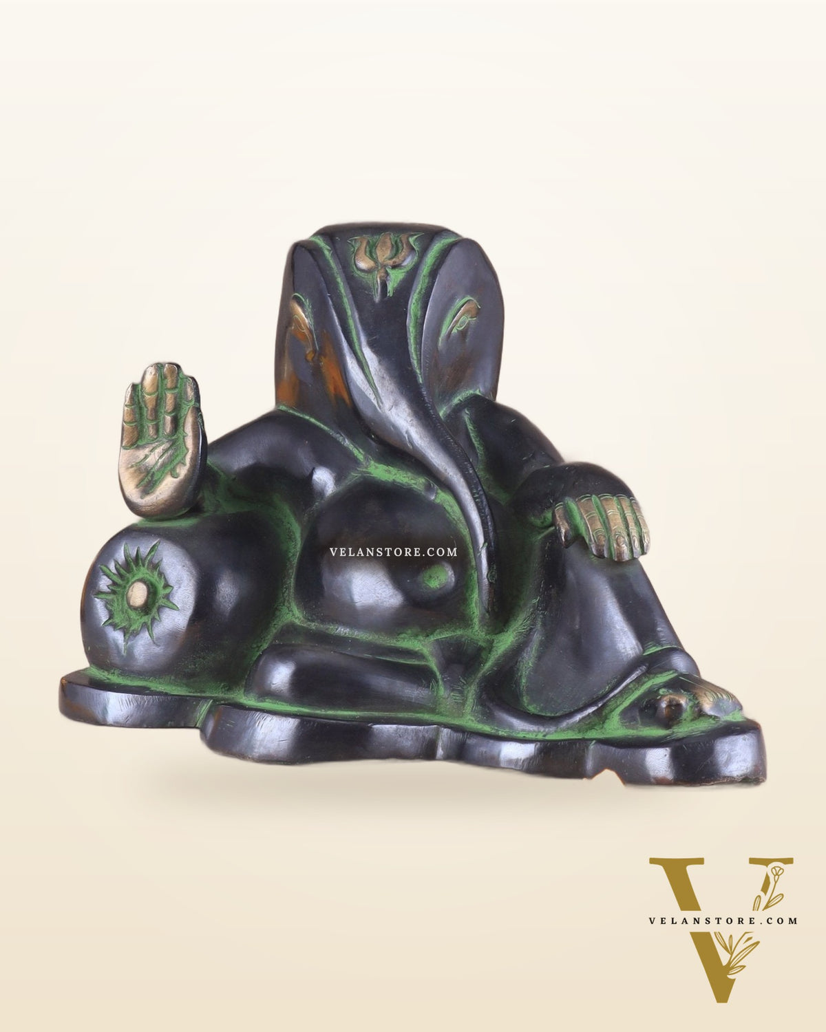 Pure Brass Handcrafted Modern Ganesha Statue in Resting Posture Vintage Black and Green Tone 11 inch