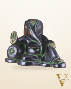 Pure Brass Handcrafted Modern Ganesha Statue in Resting Posture Vintage Black and Green Tone 11 inch