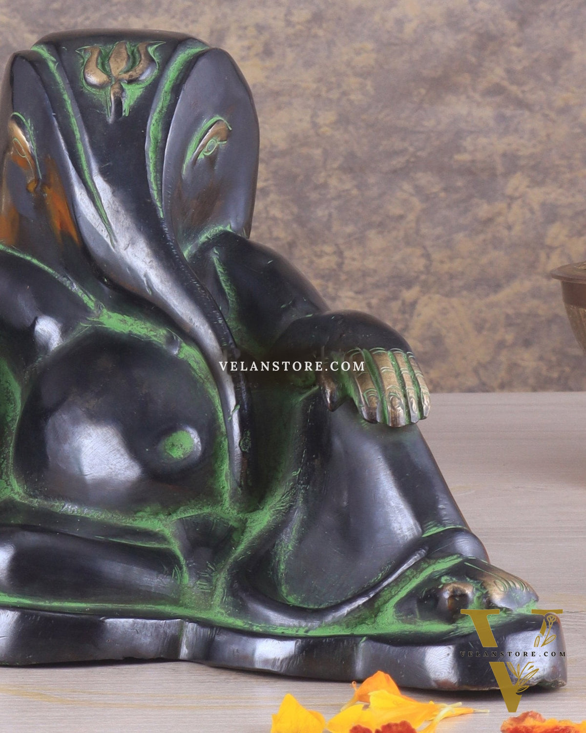 Pure Brass Handcrafted Modern Ganesha Statue in Resting Posture Vintage Black and Green Tone 11 inch