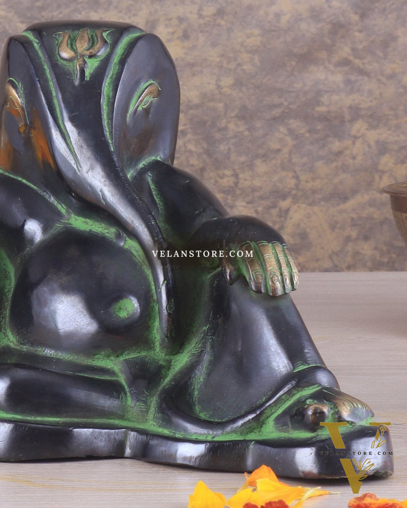 Pure Brass Handcrafted Modern Ganesha Statue in Resting Posture Vintage Black and Green Tone 11 inch