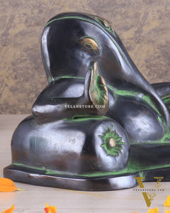Pure Brass Handcrafted Modern Ganesha Statue in Resting Posture Vintage Black and Green Tone 11 inch